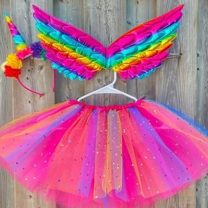 NEW 3PCS SET LED Unicorn Rainbow Sparkle 4 Layer Tutu Hairband Pastel Pink Wings